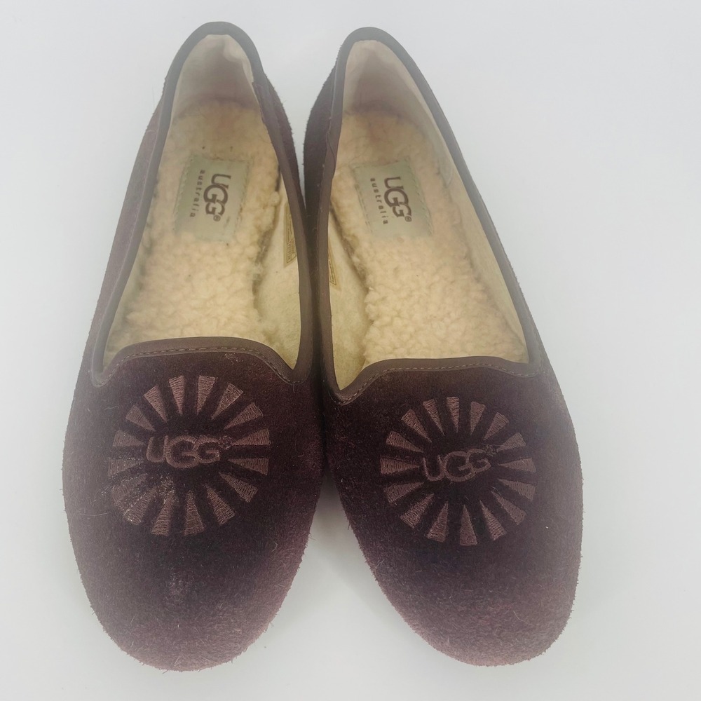 UGG Australia Alloway Mahogany Brown Suede Sheepskin Lined Loafer Flats size 5